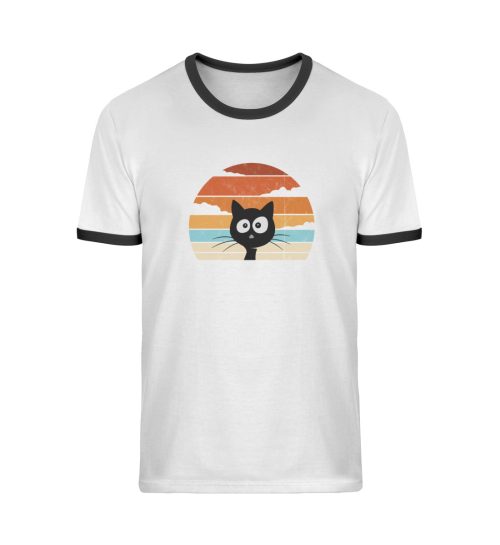 Retro schwarze Katze vor Sonnenuntergang - Unisex Organic Ringer T-Shirt-7124