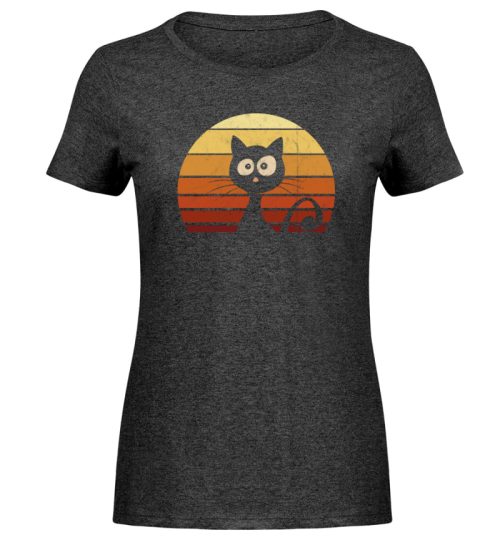 Schwarze Katze vor Retro Sonnenuntergang - Damen Melange Shirt-6808