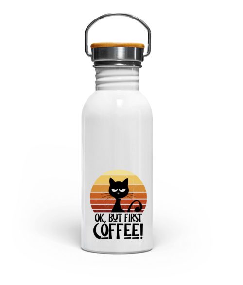 Ok But First Coffee! Kaffee-Katze - Edelstahl Trinkflasche-3