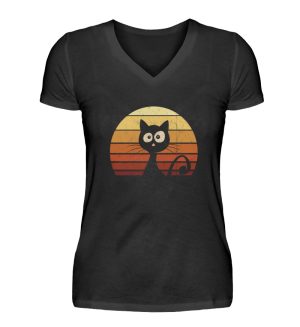 Schwarze Katze vor Retro Sonnenuntergang - V-Neck Damenshirt-16